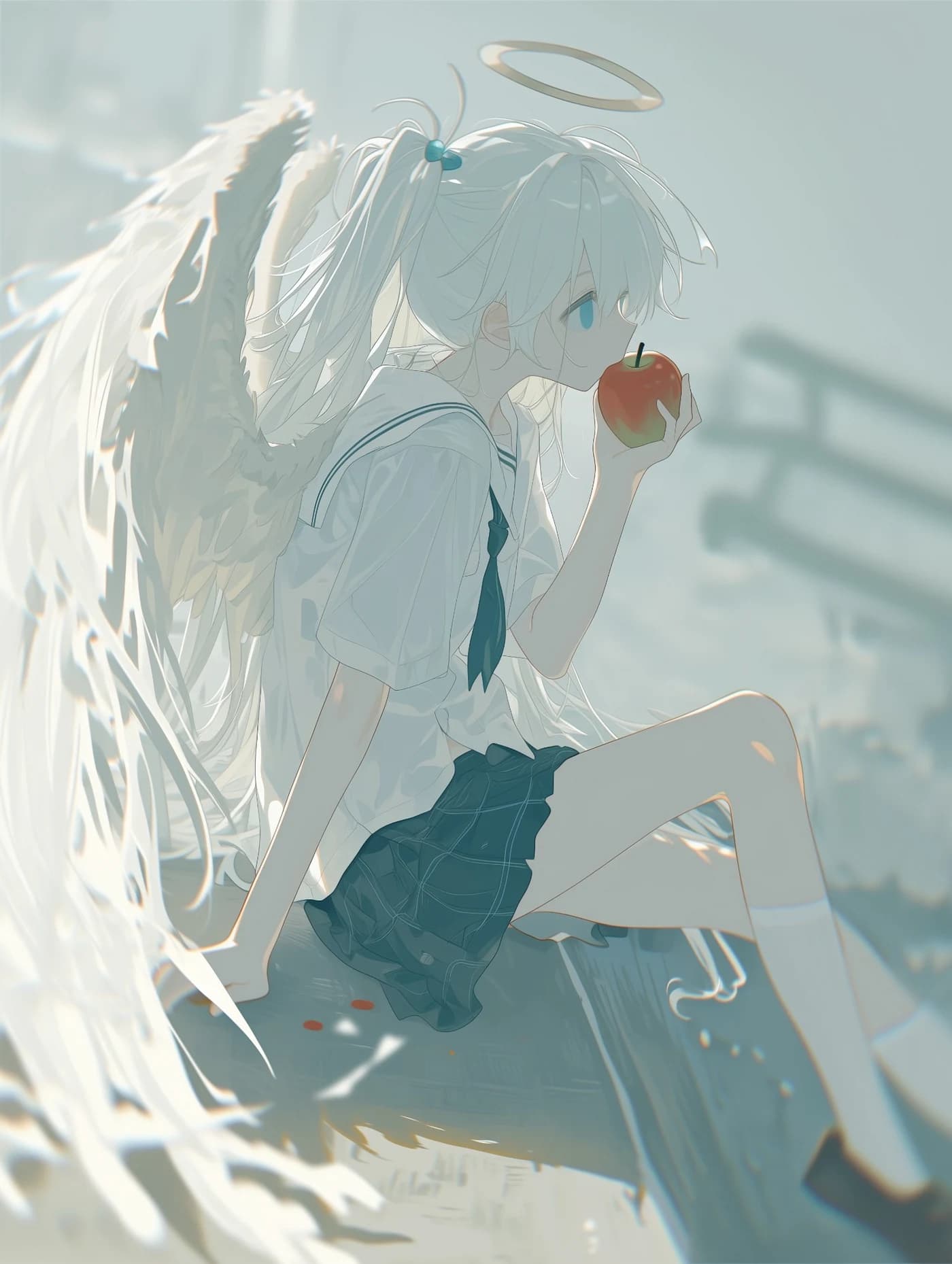 リンゴを手に持つ白髪の天使を描いたAIイラスト