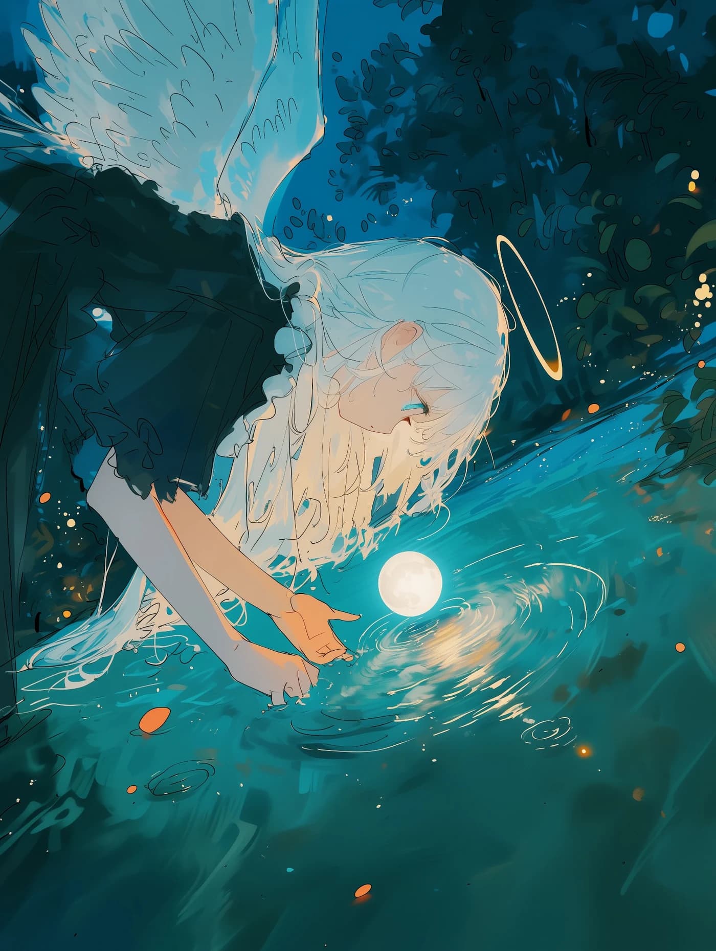 光る球体へ手を伸ばす白髪の天使の幻想的なAIアート