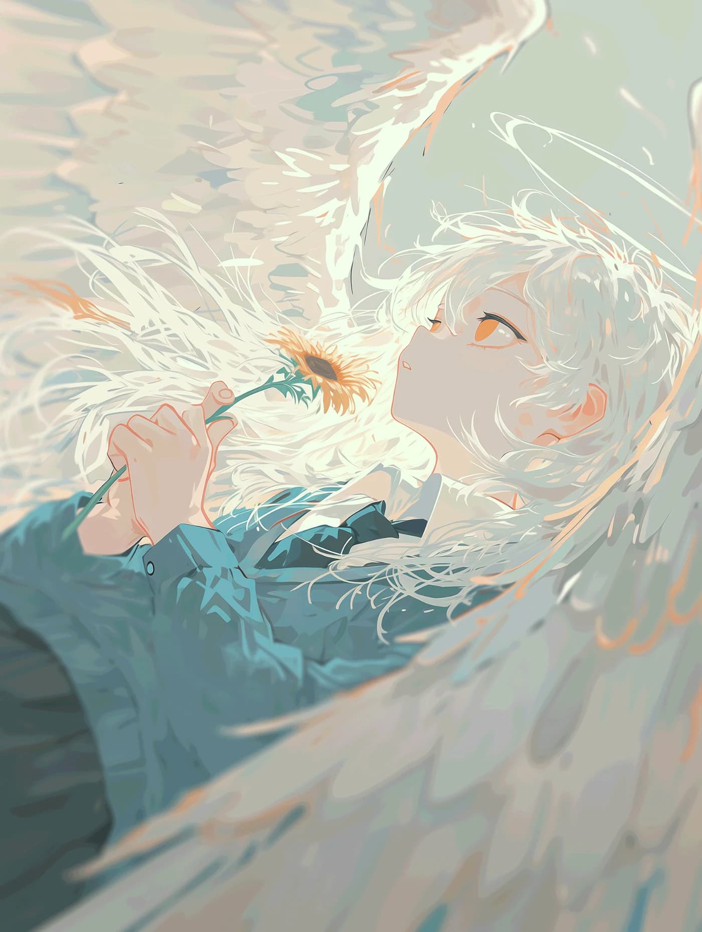 朝の柔らかな光の中で花を持つ天使のAIイラスト