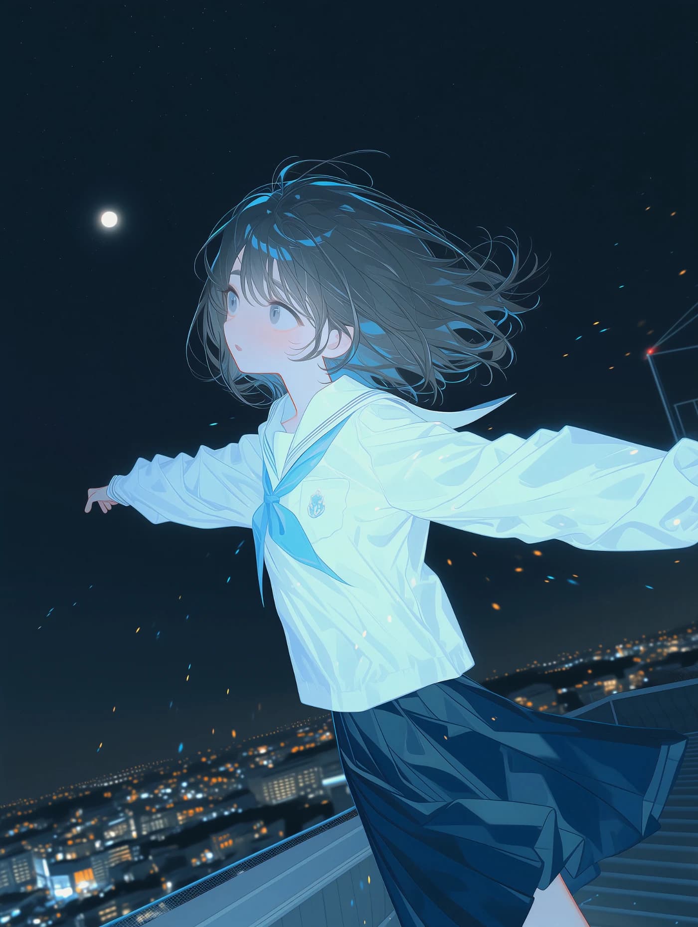 夜の都市と月を背景にした少女の生成AI画像作品