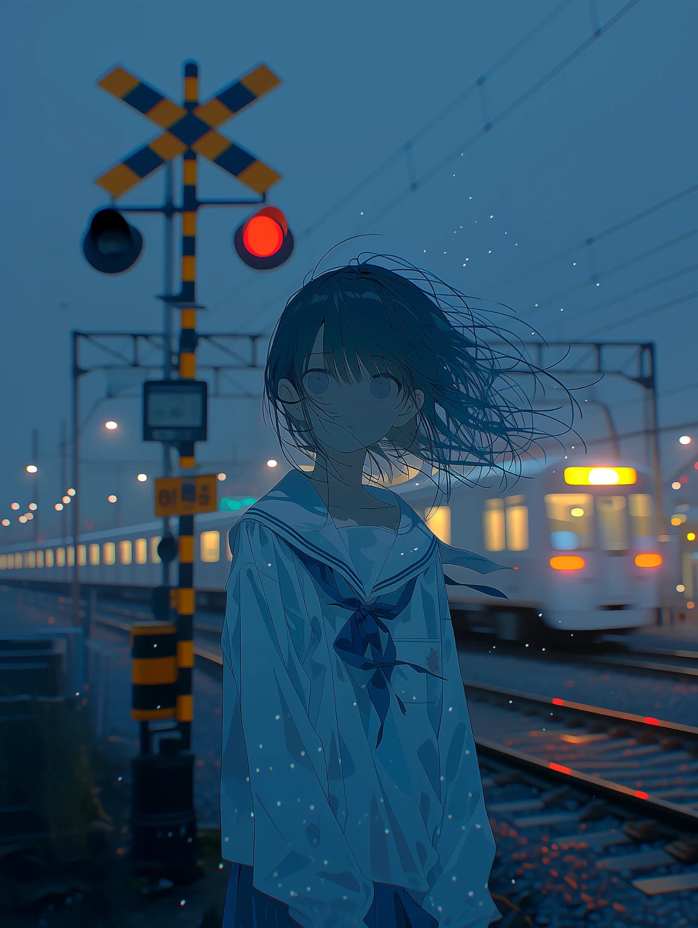 ブルーアワーの踏切に立つ少女を描いたAIイラスト作品