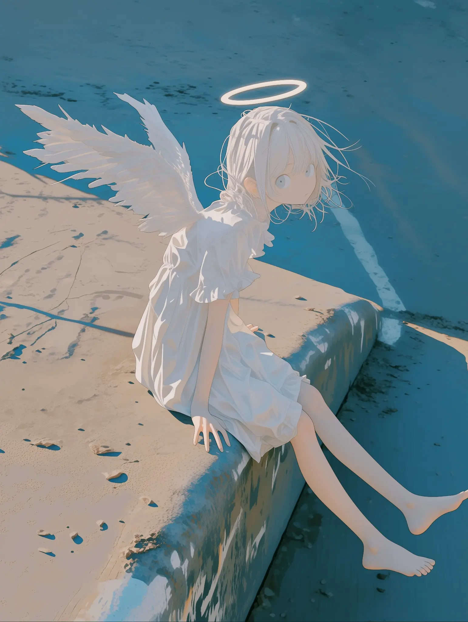 青い水辺に座る白髪の天使を描いたAI画像作品