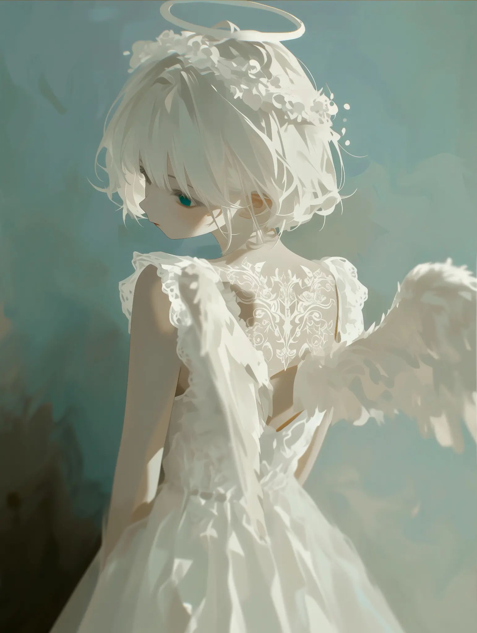 装飾的な白いドレスを着た白髪の天使のAIアート