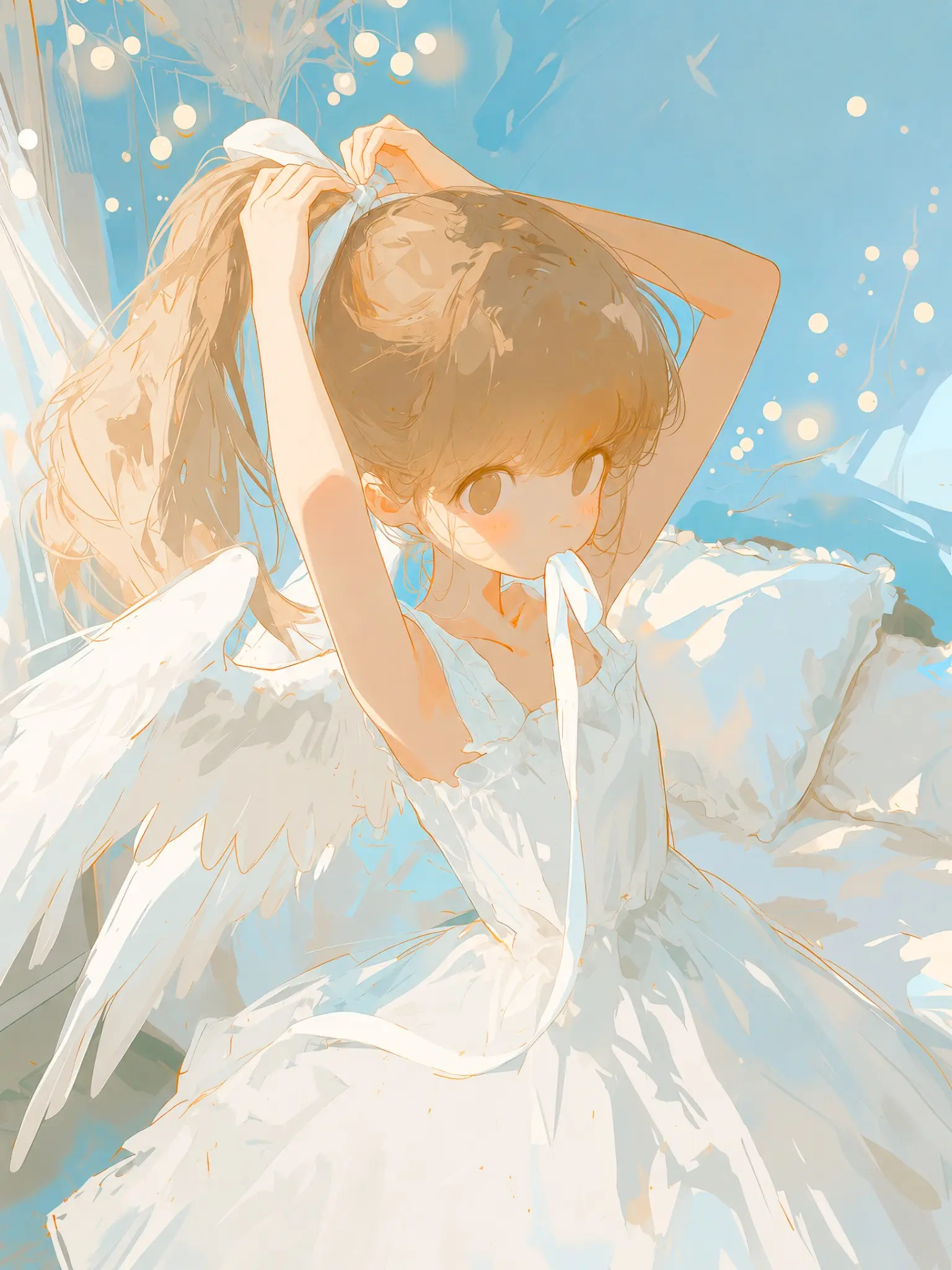 柔らかな青い光の中で髪を結ぶ天使の生成AIイラスト