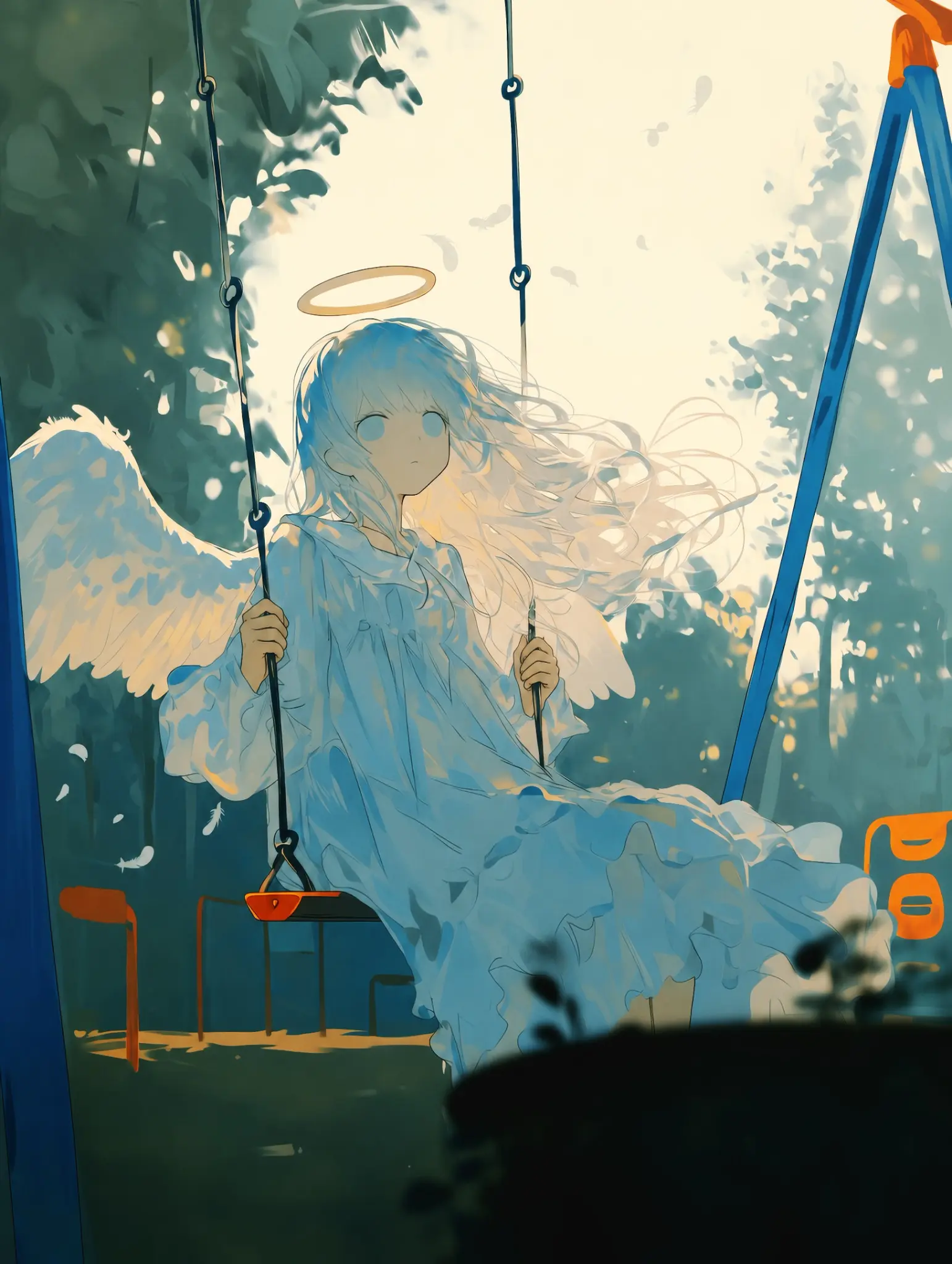 陽光の中でブランコに座る天使を描いたAI画像作品