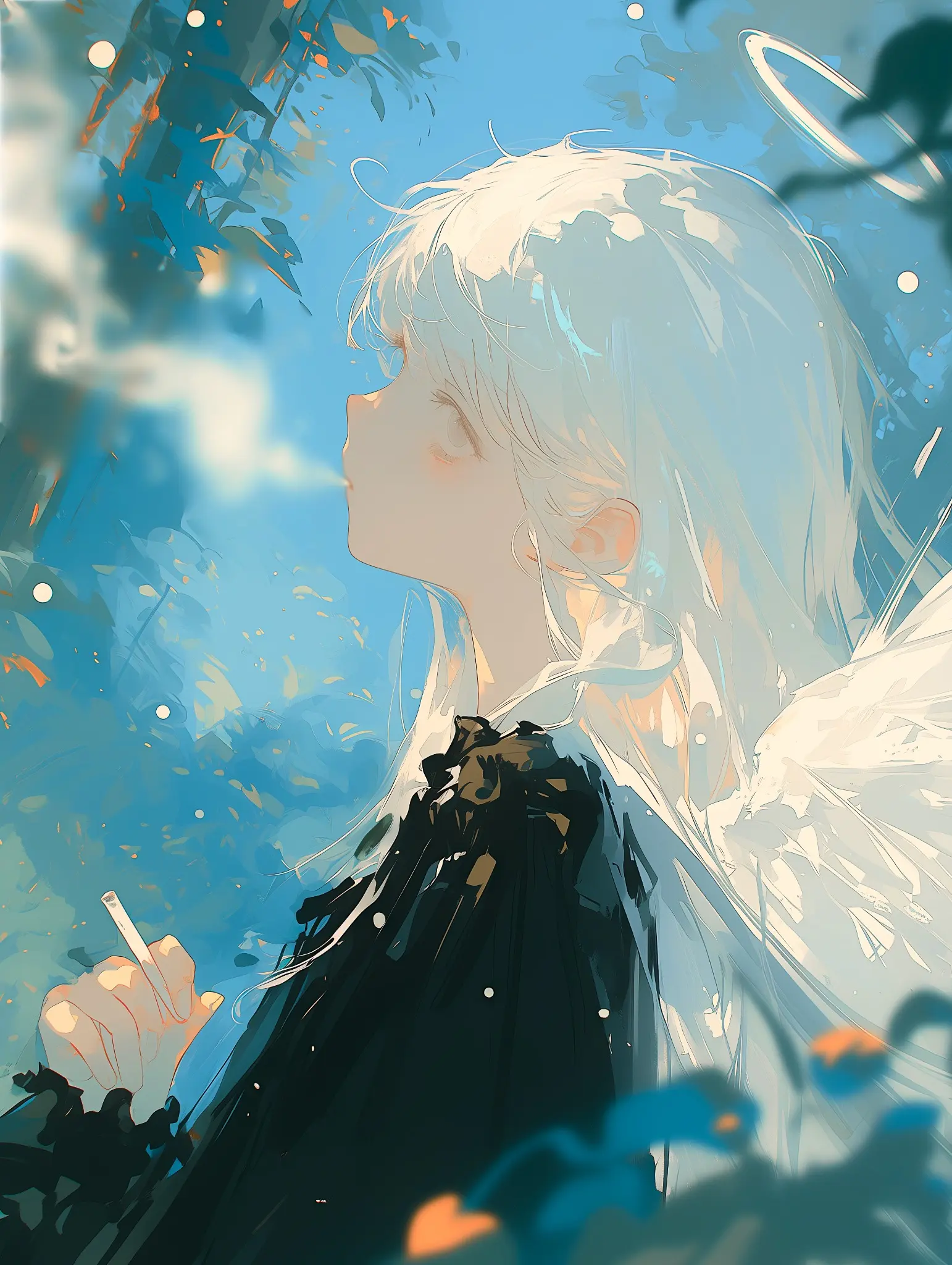 青と橙の木々に囲まれた白髪の天使のAIアート作品