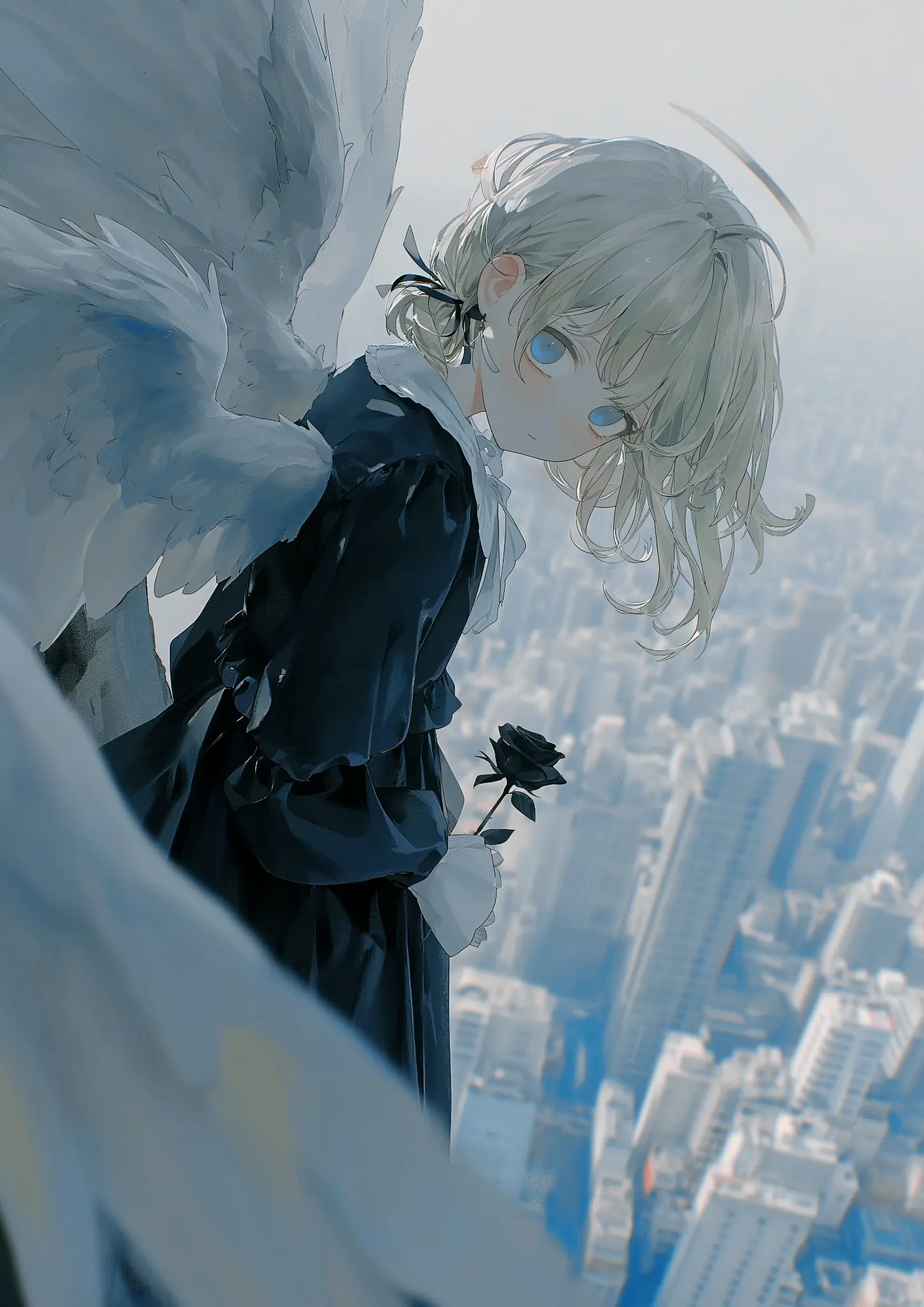 白髪の天使が都市を背景に黒い薔薇を持つAIイラスト作品