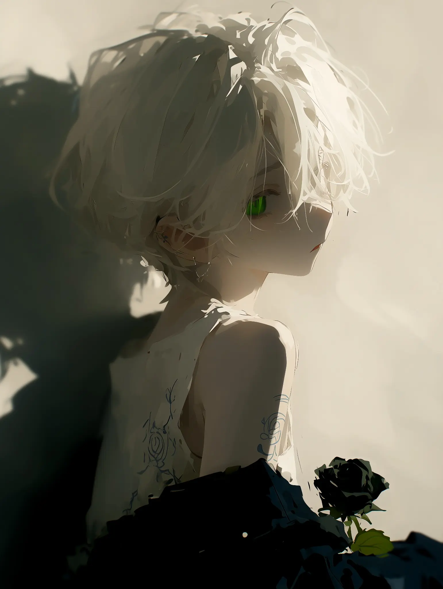 緑色の瞳の白髪少女が黒い薔薇を持つAIアート作品