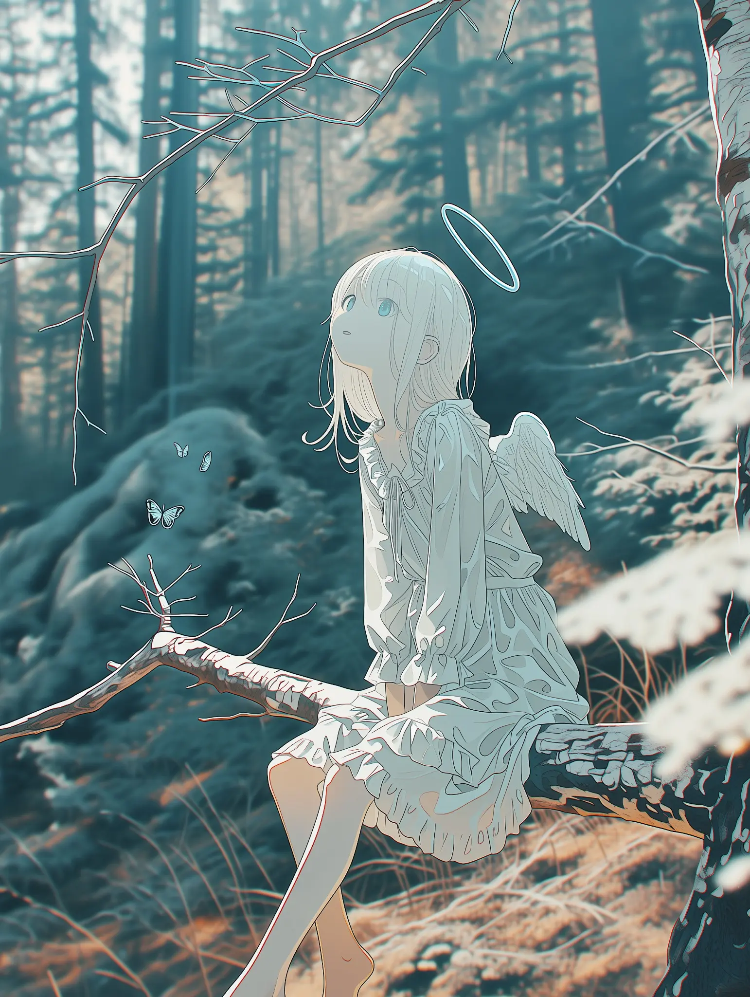 森の木の枝に座る白髪の天使を描いた生成AIイラスト