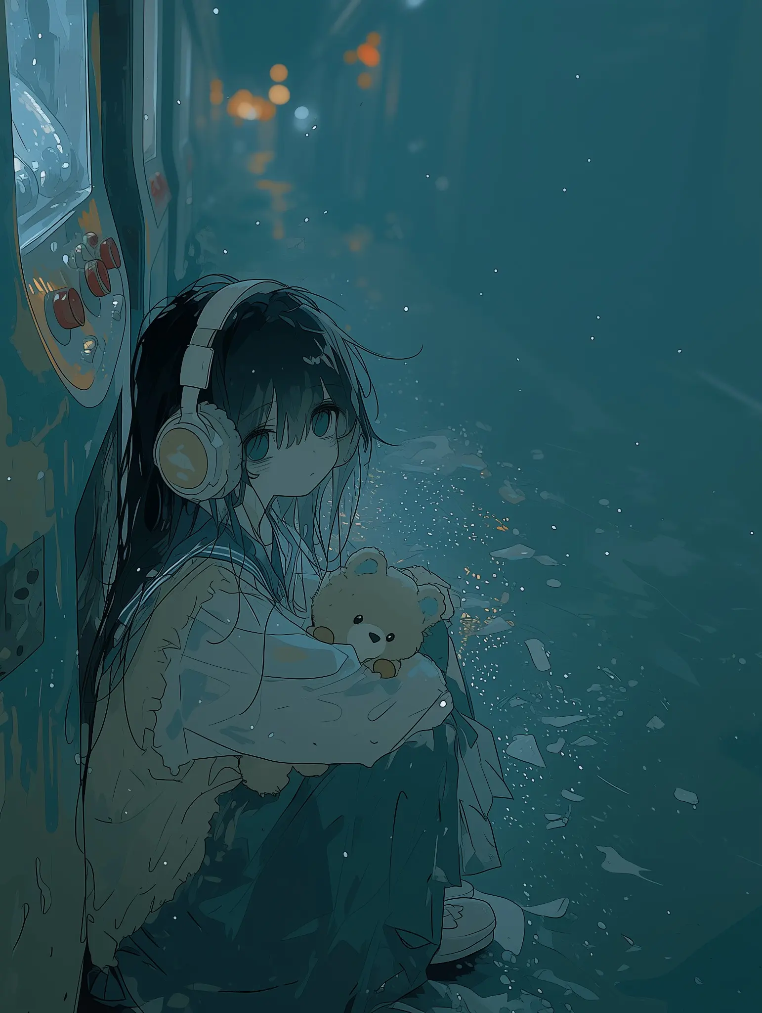 夜にヘッドホンを着けテディベアを持つ少女のAIイラスト