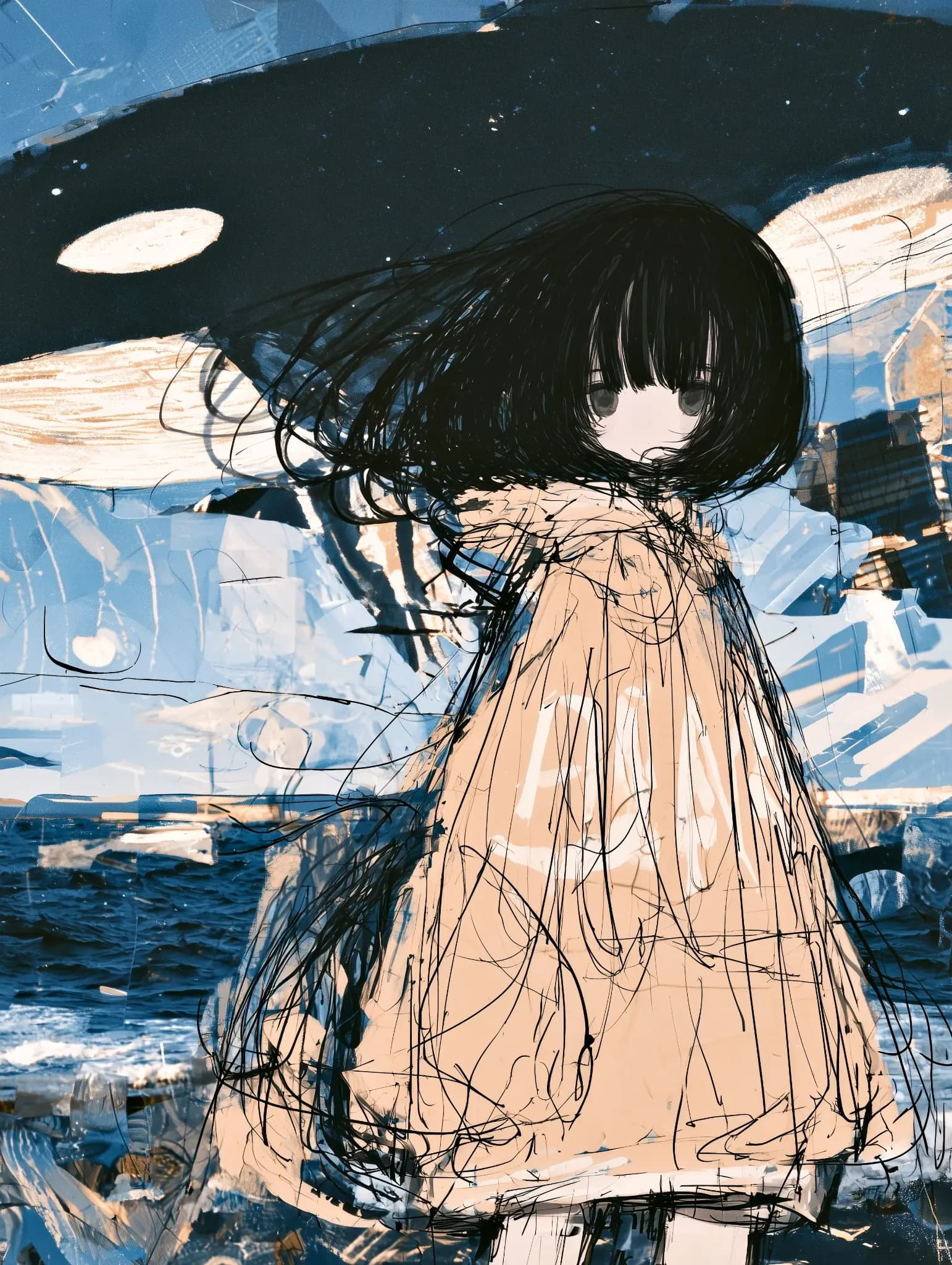 青と橙の抽象的な風景に立つ黒髪の少女を描いたAIイラスト作品
