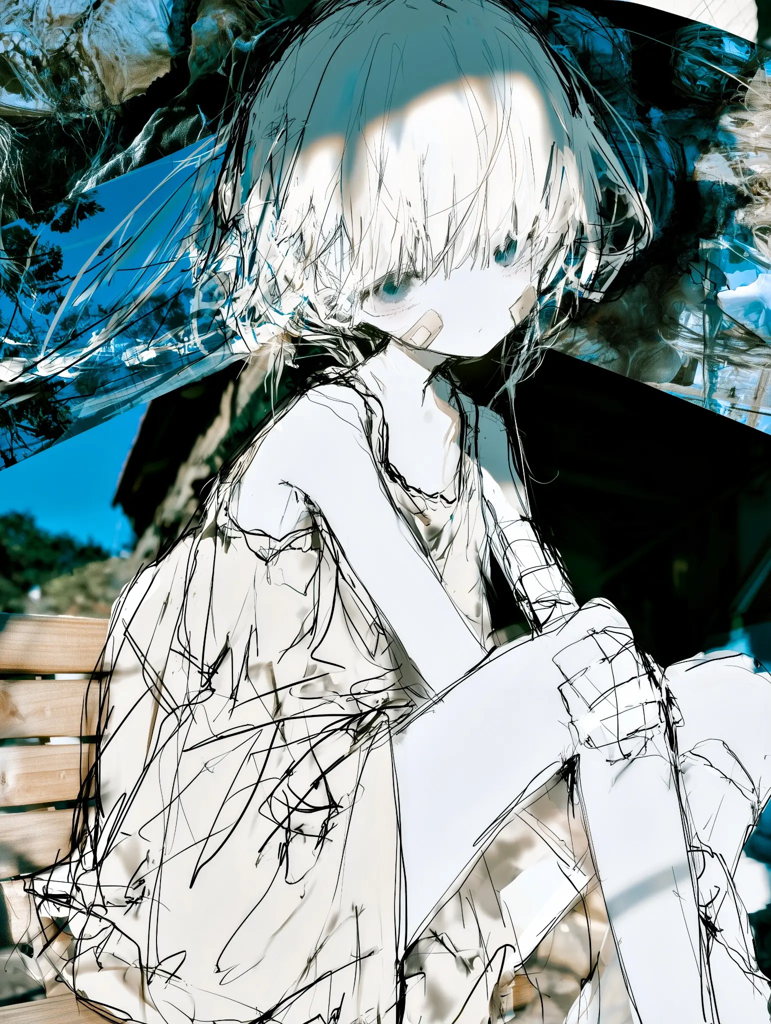 屋外の光の中で座る緑色の瞳の白髪天使を描いた生成AIアート