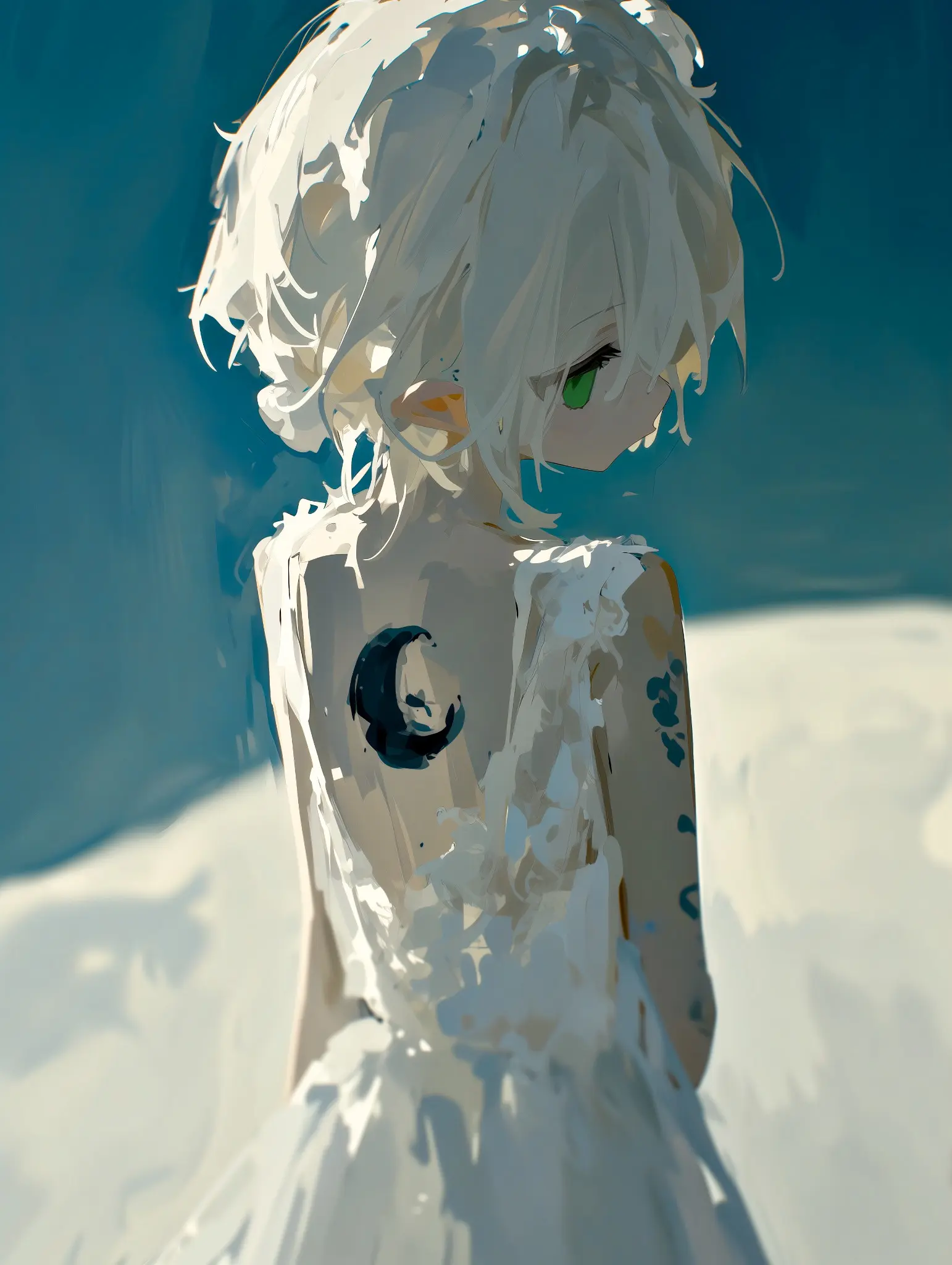 月のタトゥーと白いドレスをまとった緑色の瞳の白髪少女のAIアート