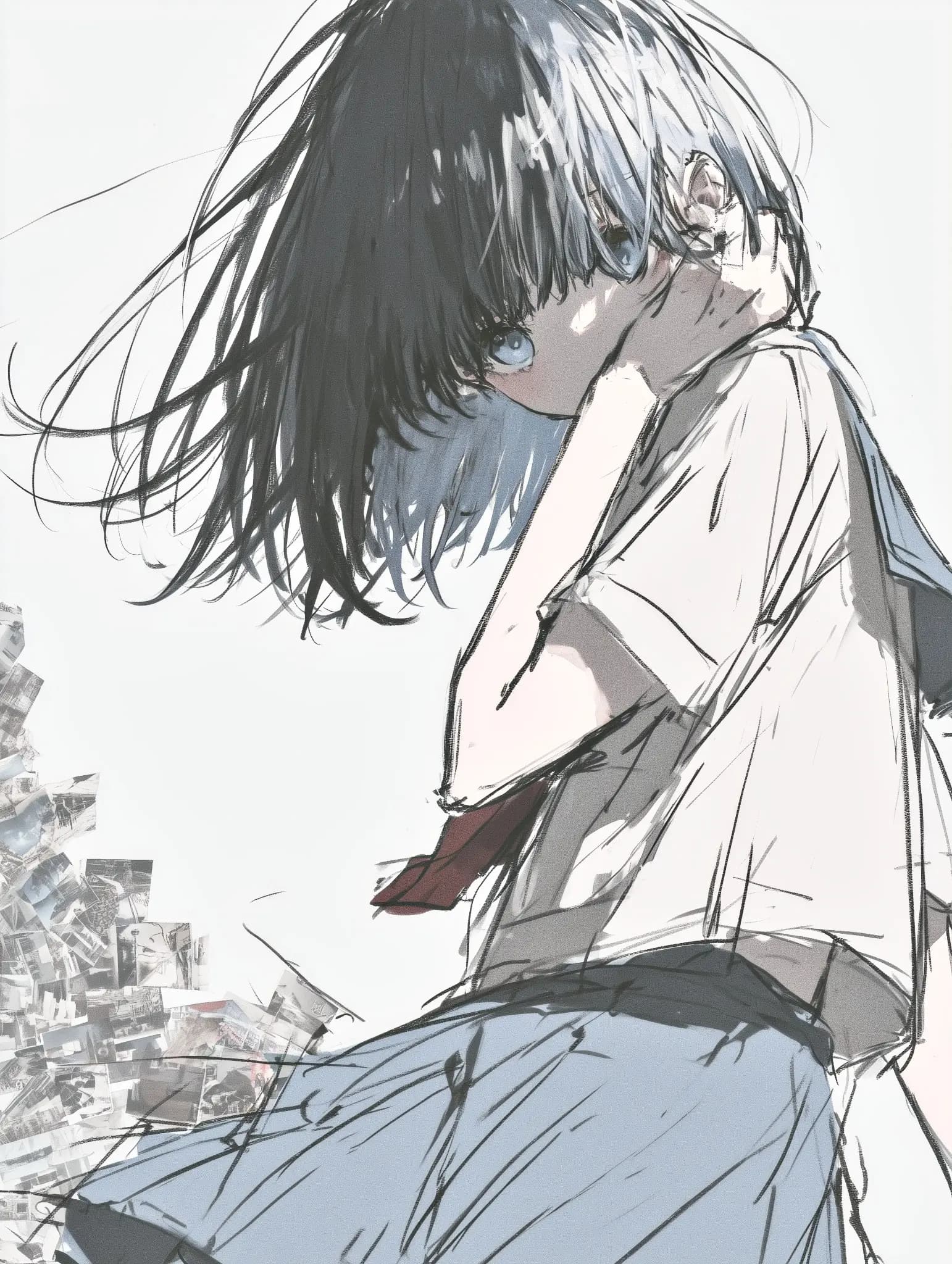白い背景で横顔を見せる黒髪の少女を描いた繊細な線画風AIイラスト