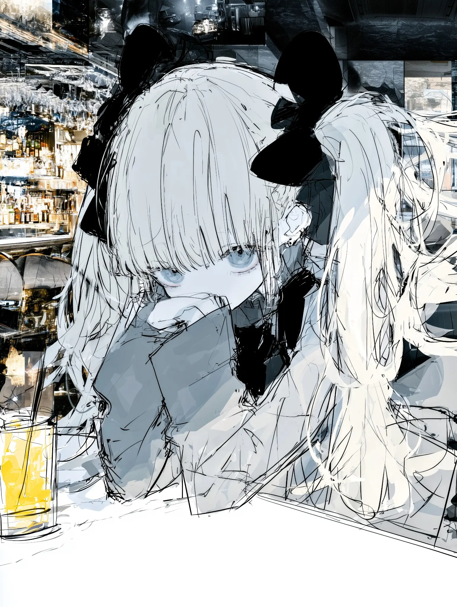 黒いリボンを付けた白髪の少女を都市の抽象表現で描いたAIアート