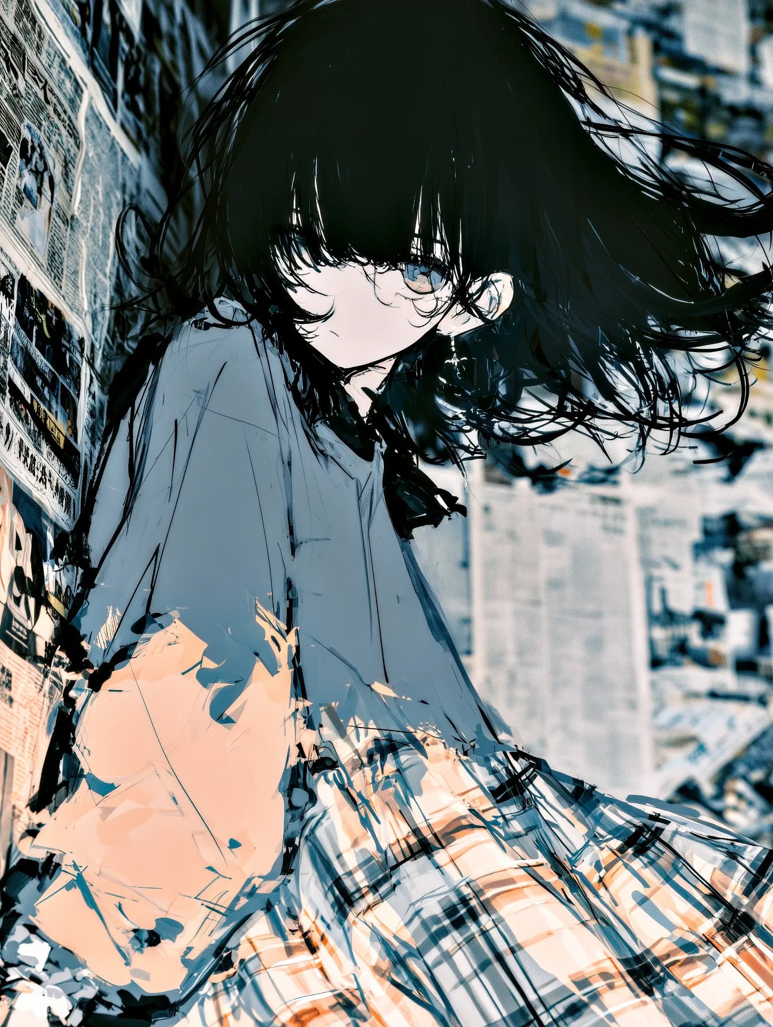 灰色のTシャツとチェック柄スカートを着た黒髪少女の生成AIイラスト