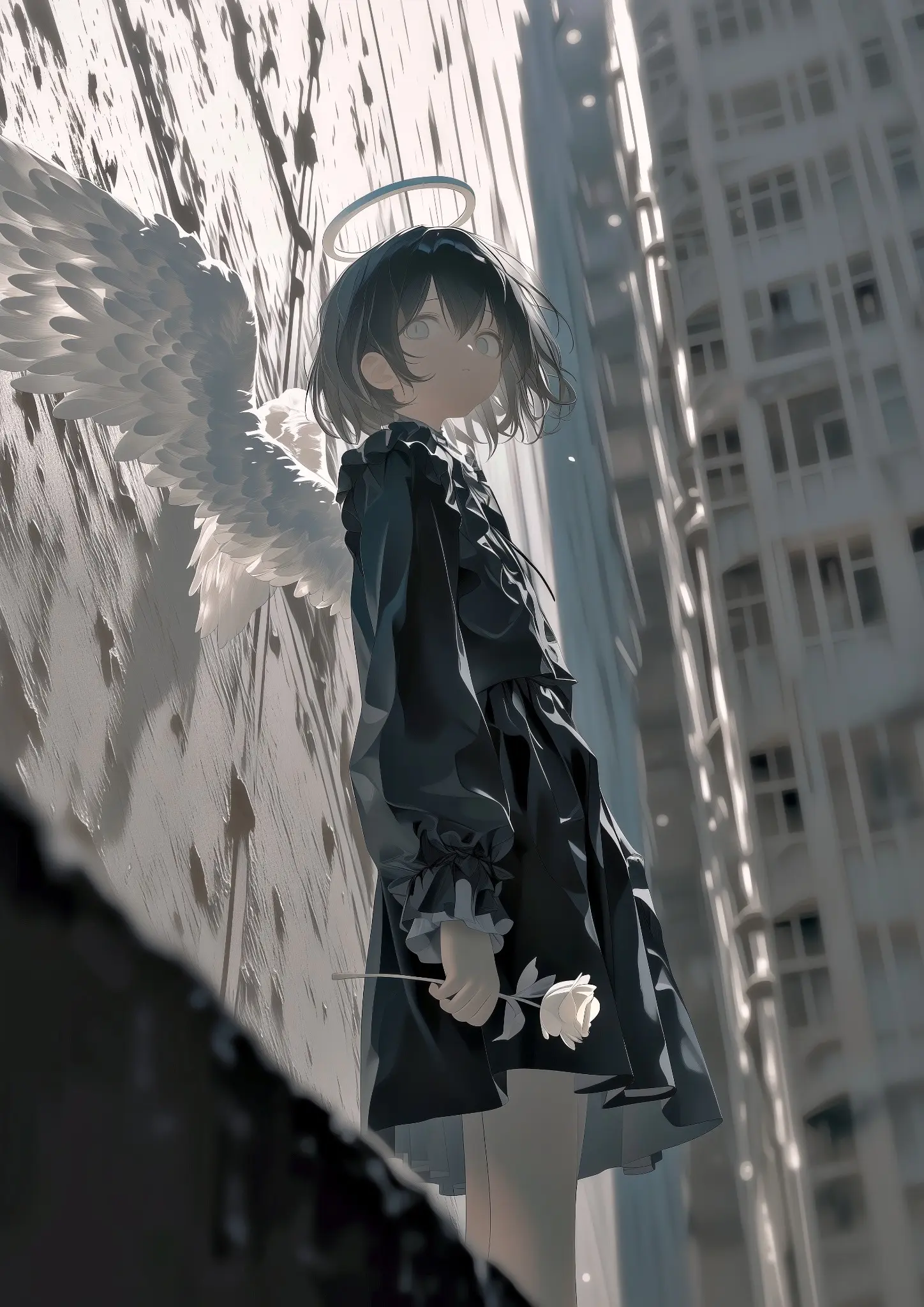 都市の路地で白い薔薇を持つ黒髪の天使を描いた幻想的なAIアート