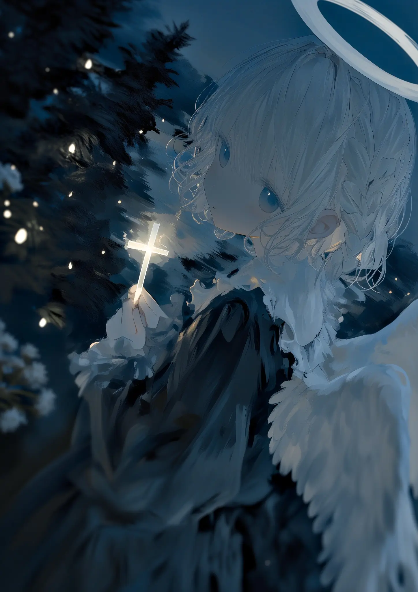 夜の森で光る十字架を持つ白髪の天使を描いた青色調のAIイラスト