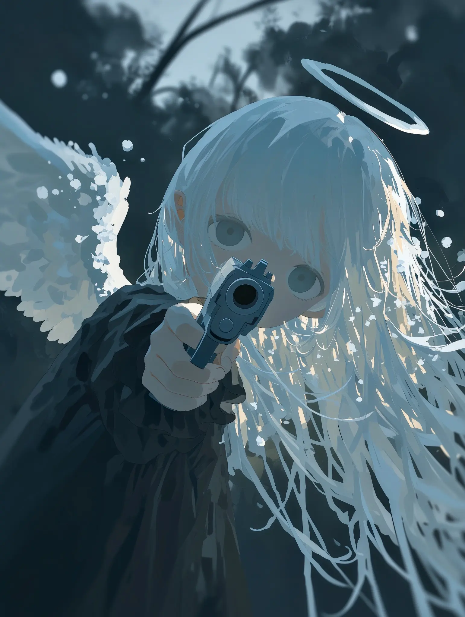 暗い森を背景に拳銃をこちらへ向ける白髪の天使を描いた青灰色のAIイラスト