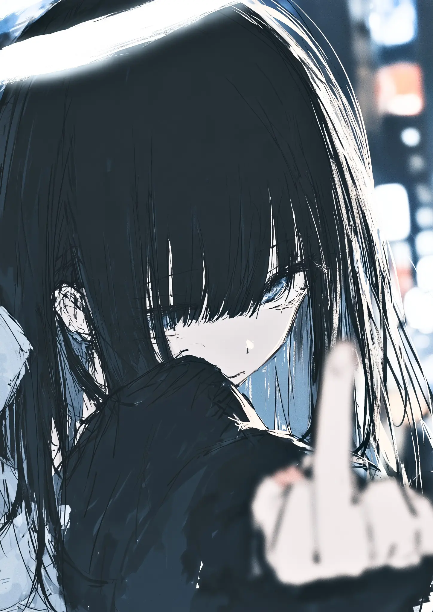 顔に前髪がかかる黒髪の少女が中指を立てる青白い色調のイラスト