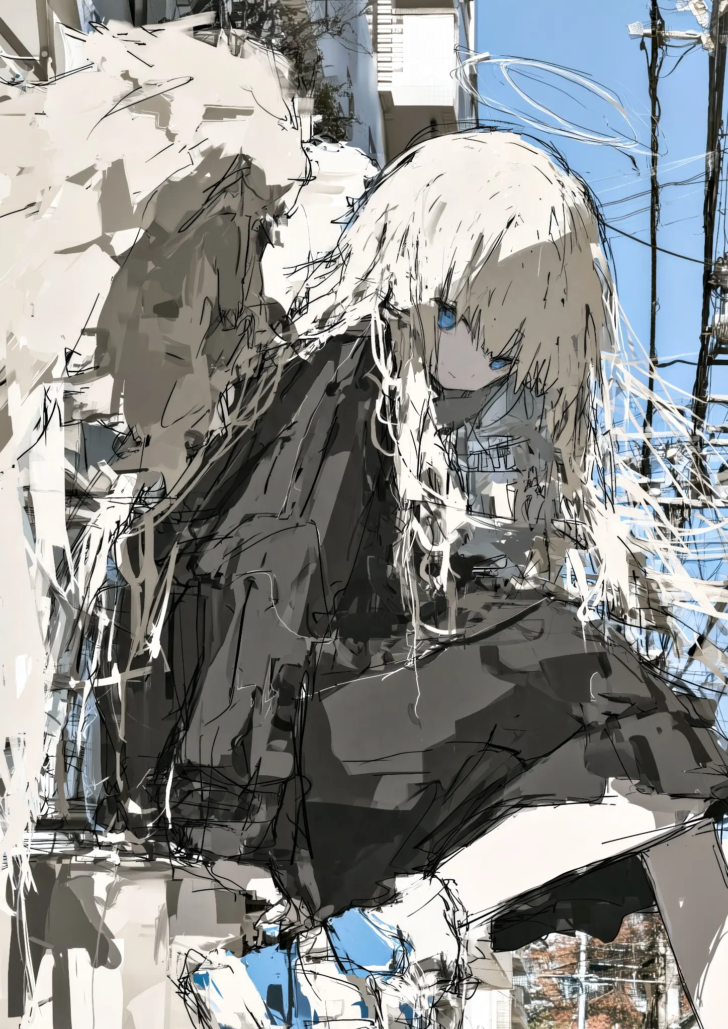 都市を背景に身をかがめる白髪と白い翼の天使を描いた線画風イラスト