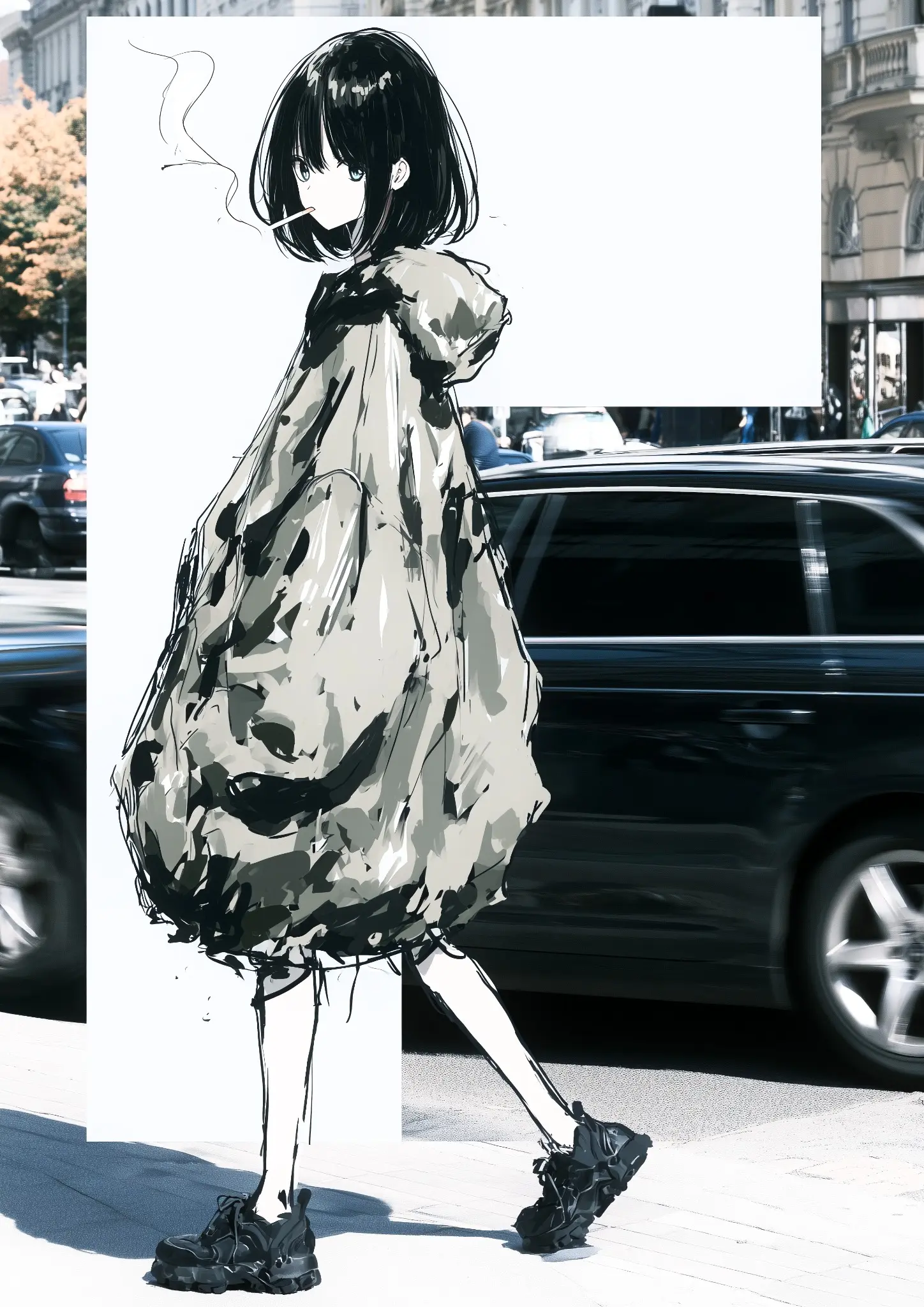 街路を歩く大きな柄入りの服を着た黒髪の少女