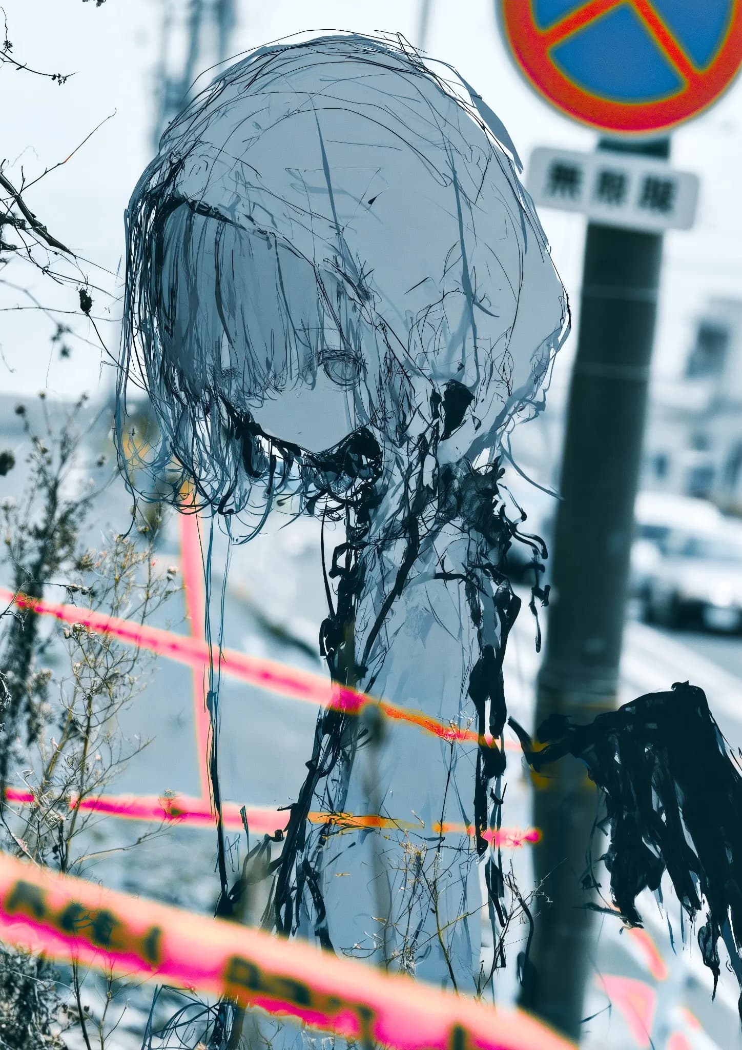 立入禁止のテープ越しに描かれたうつむく少女の青灰色のイラスト