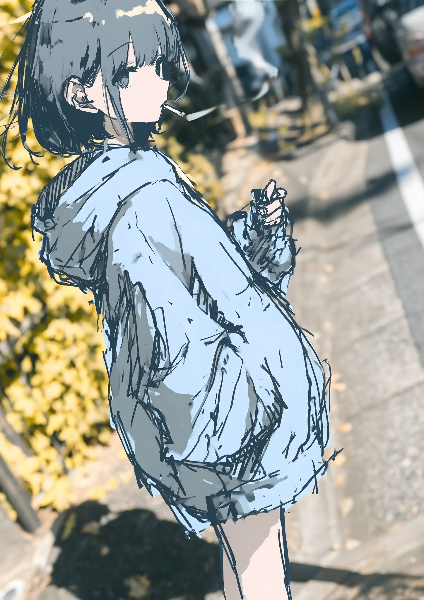 黄色い木々を背景に淡いパーカーを着て横を向く黒髪の少女