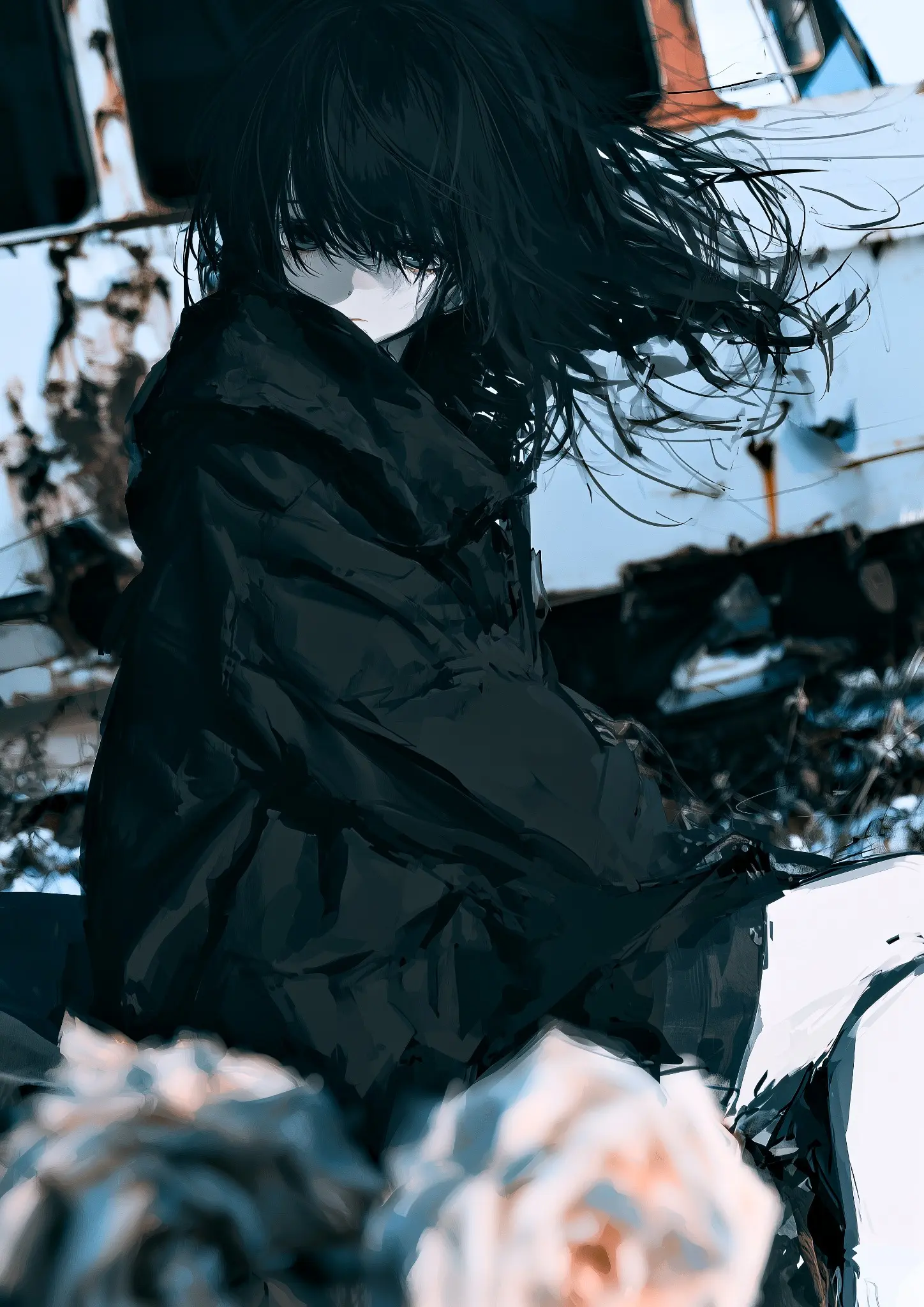 荒れた室内で風になびく黒髪と黒い服の少女を描いたイラスト