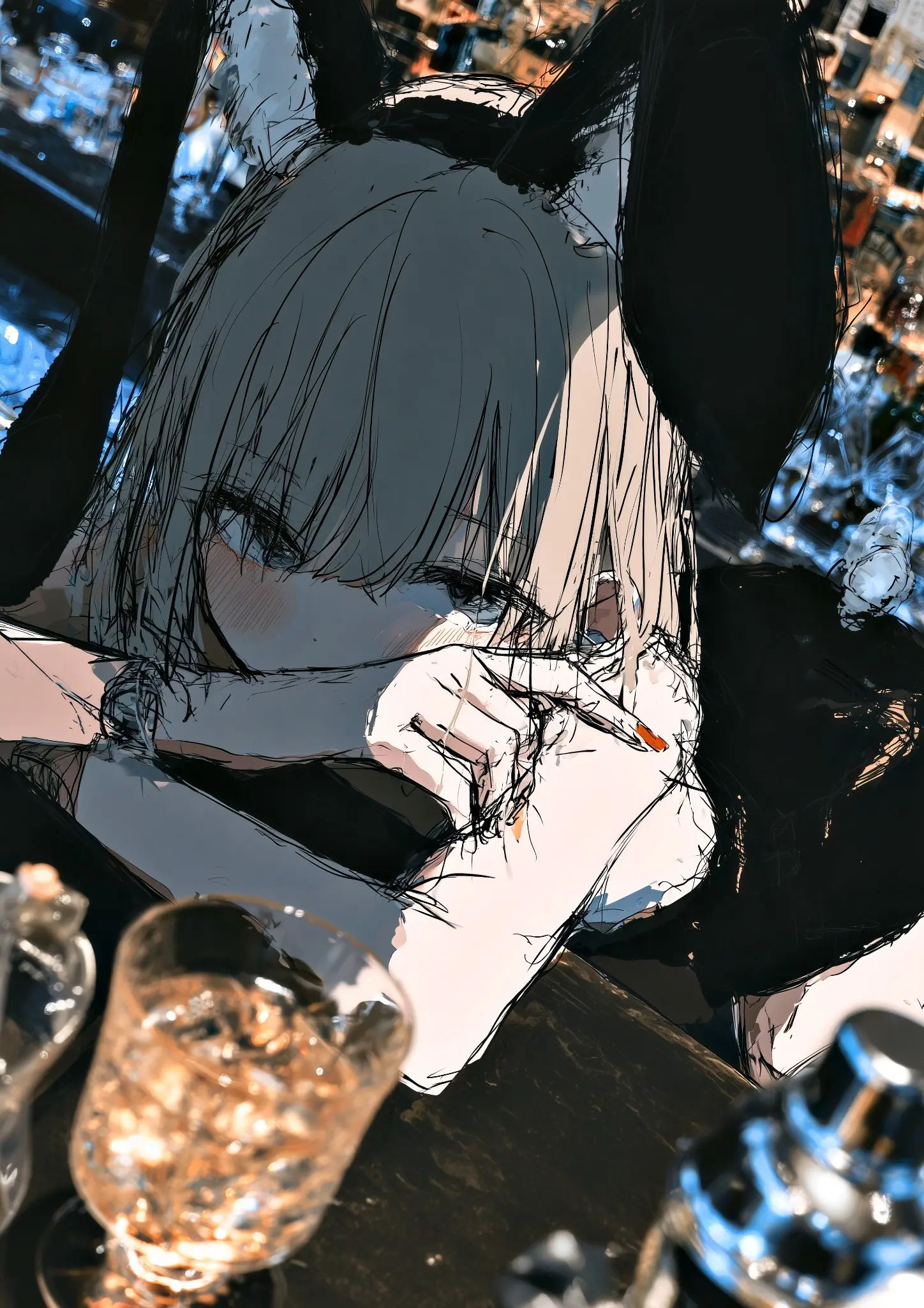 飲み物のグラスが置かれたカウンターに伏せるうさぎ耳の少女